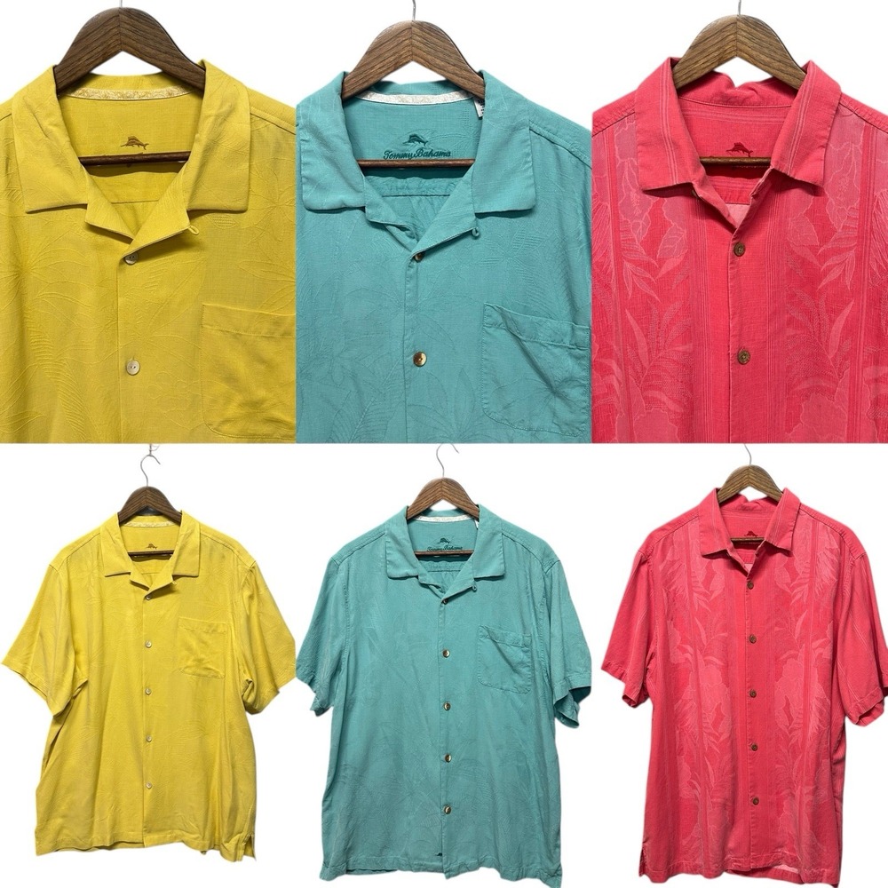 Lot of 3 Tommy Bahama Mens 100% Silk Hawaiian Shirts Sz XL Floral Textured Camp